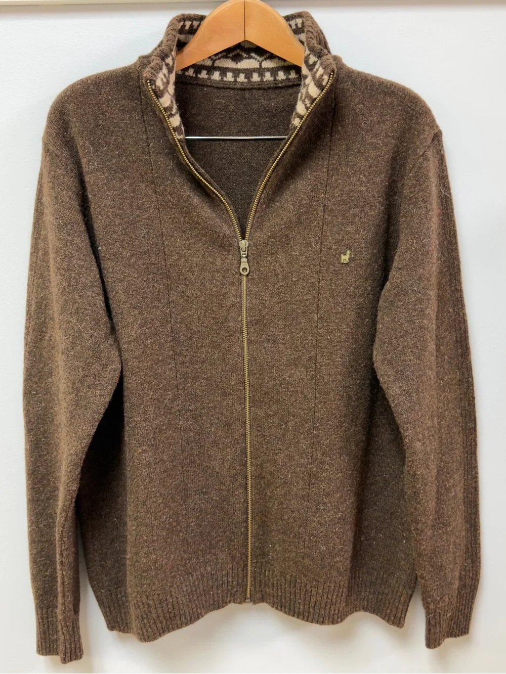 Kimuan Argentina 100% Lana Wool Sweater Men Large Brown Full-Zip Knit Jacket